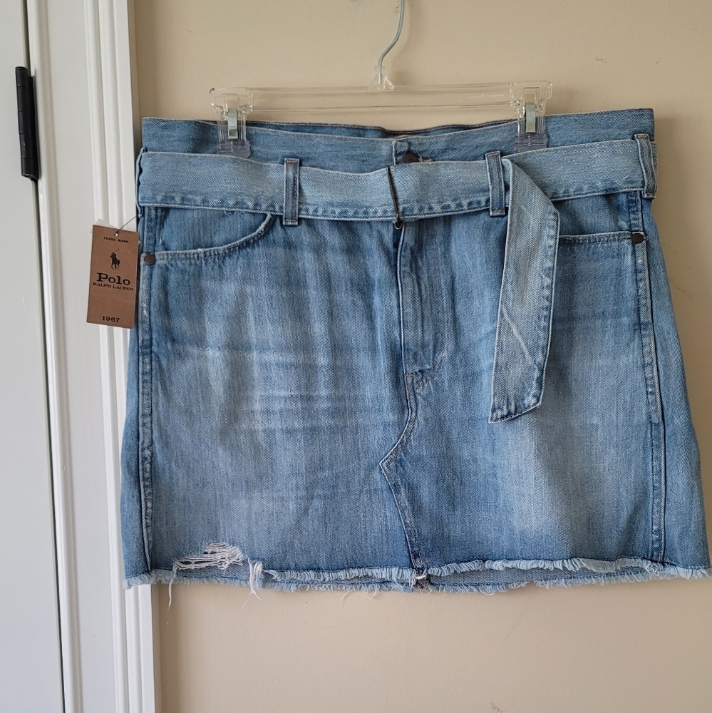 NWT Polo Ralph Lauren Distressed Frayed Belted Blue Cotton Denim Mini Mid Skirt